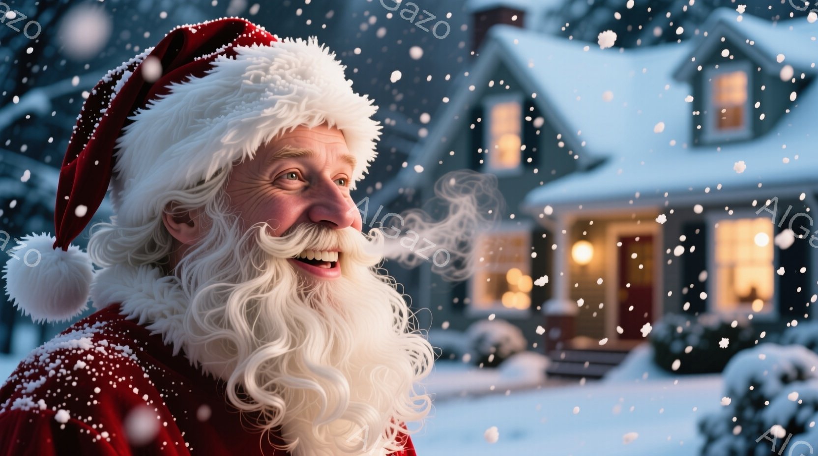 白い長いひげと笑顔が印象的なサンタクロースが、赤い帽子と衣装を身につけて描かれています。彼は白い息を吐き出し、楽しそうな表情で何かを見つめています。背景には雪景色が広がり、温かい光が灯る家が見え、クリ - AI生成フリー素材