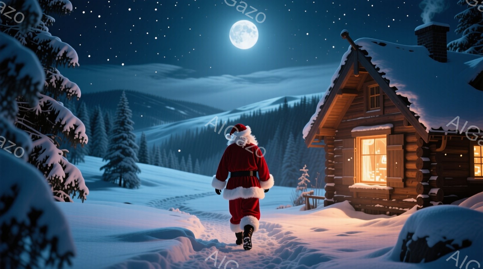 雪深い夜、サンタクロースが赤い衣装を身に着け、雪道を歩いている。背景には木造のコテージが暖かな光を放ち、遠くには雪に覆われた山々が連なっている。夜空には満月が輝き、全体的に静かで幻想的な雰囲気を醸し出している。