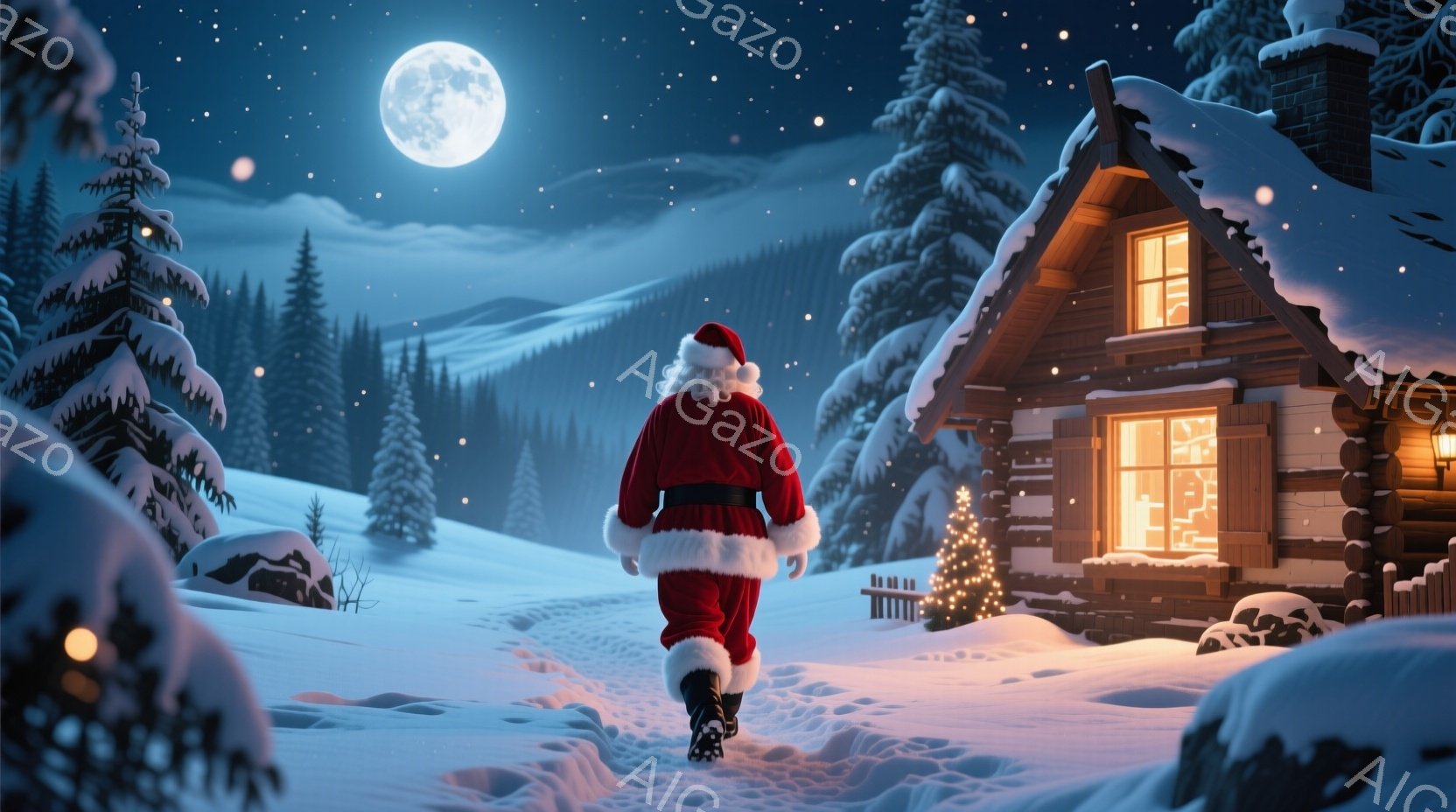 雪深い夜、赤い衣装と白いひげをたくわえたサンタクロースが、雪道を歩いている。背景には温かい光を灯したログハウスと、雪に覆われた針葉樹林が広がり、満月が夜空を照らしている。全体的に、暖かく幻想的なクリス - AI生成フリー素材