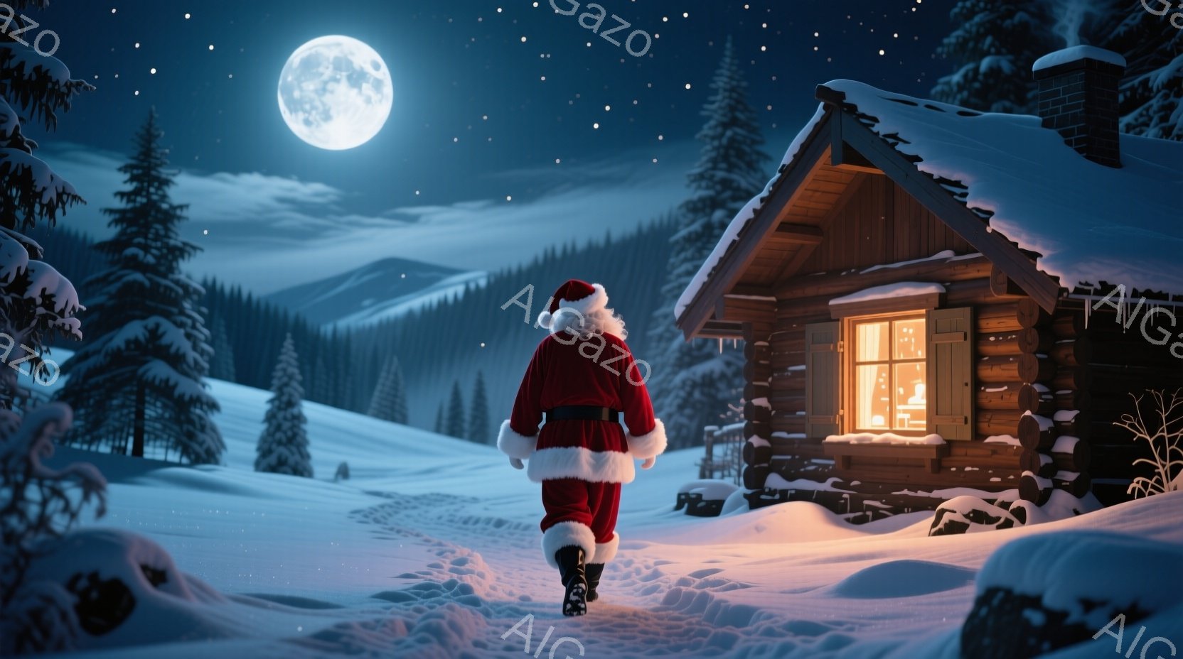 雪深い夜、サンタクロースが質素な丸太小屋に向かって歩いている。彼は赤いコートと帽子、白いひげを蓄え、背中を向けているため表情はわからないが、足跡が雪の上に残っている。背景には暗い森と、明るく光る丸い満 - AI生成フリー素材