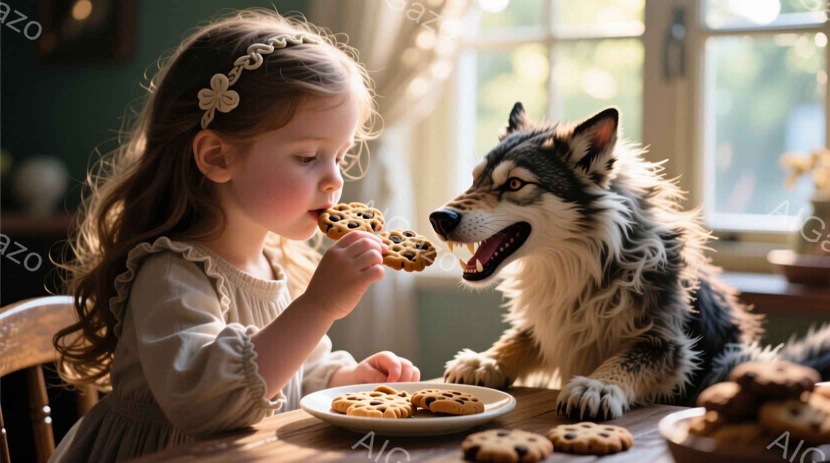 少女はクリーム色のフリル付きのドレスを着ており、髪はカールして頭に花飾りをつけている。彼女はクッキーを手に持って食べようとしている。テーブルの上にはクッキーが並んでおり、背景にはぼんやりとした室内が見え、緊張感とユーモアが混ざり合った温かい雰囲気である。