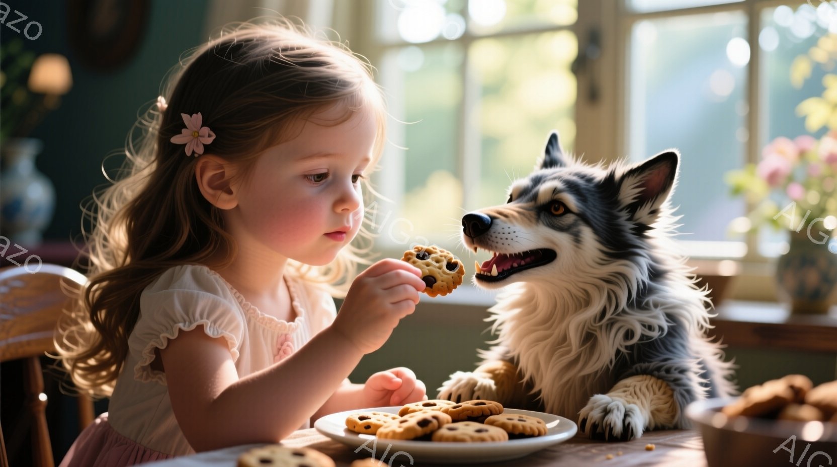 金髪の巻き毛の少女が、ピンク色のドレスを着て、クッキーを手に持っています。彼女はクッキーを愛犬の口元に近づけており、犬は嬉しそうに口を開けてクッキーを待ち構えています。背景には木製のテーブルと、ぼやけ - AI生成フリー素材