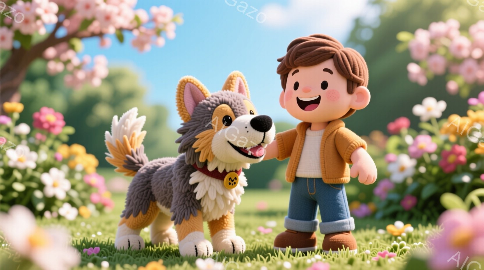 少年はデニムのズボンと茶色のセーターを着ており、明るい笑顔を浮かべています。彼は、灰色の体と茶色の脚を持つ愛らしい犬と一緒に、緑豊かな草地の庭に立っています。背景には、ピンクと白の花が咲き乱れる木々が - AI生成フリー素材