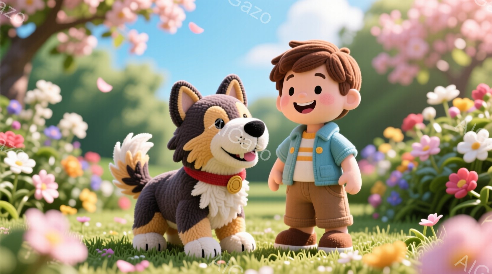 明るい緑の草の上に、茶色と黒の毛並みの犬と少年が並んで立っています。少年は茶色の短い髪で、青いシャツにオレンジ色のボタンがついており、茶色のズボンを履いています。背景にはピンクの花が咲き乱れ、暖かい春の日の穏やかな雰囲気が漂っています。