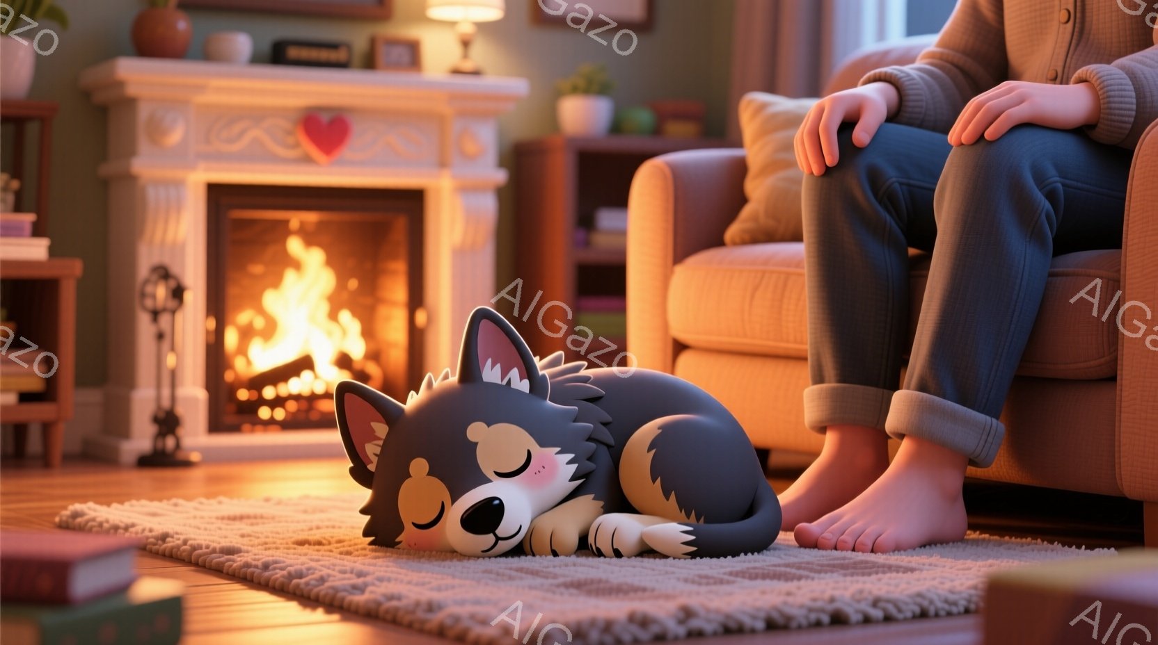 暖炉の前で丸まって眠っている、灰色の犬のキャラクターが印象的な画像です。背景には、本棚とオレンジ色のソファがあり、温かさと居心地の良い雰囲気を醸し出しています。足元にはラグが敷かれ、キャラクターはリラ - AI生成フリー素材