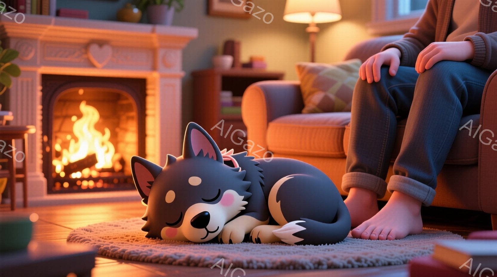 暖炉の前で、黒と灰色の可愛らしい子犬が丸まって眠っています。背景には木製の家具と本が並んだ棚があり、暖かく落ち着いた雰囲気が漂っています。子犬の隣には、ロールアップされたジーンズと裸足の人間の脚が見え、リラックスした日常の一コマを切り取っています。