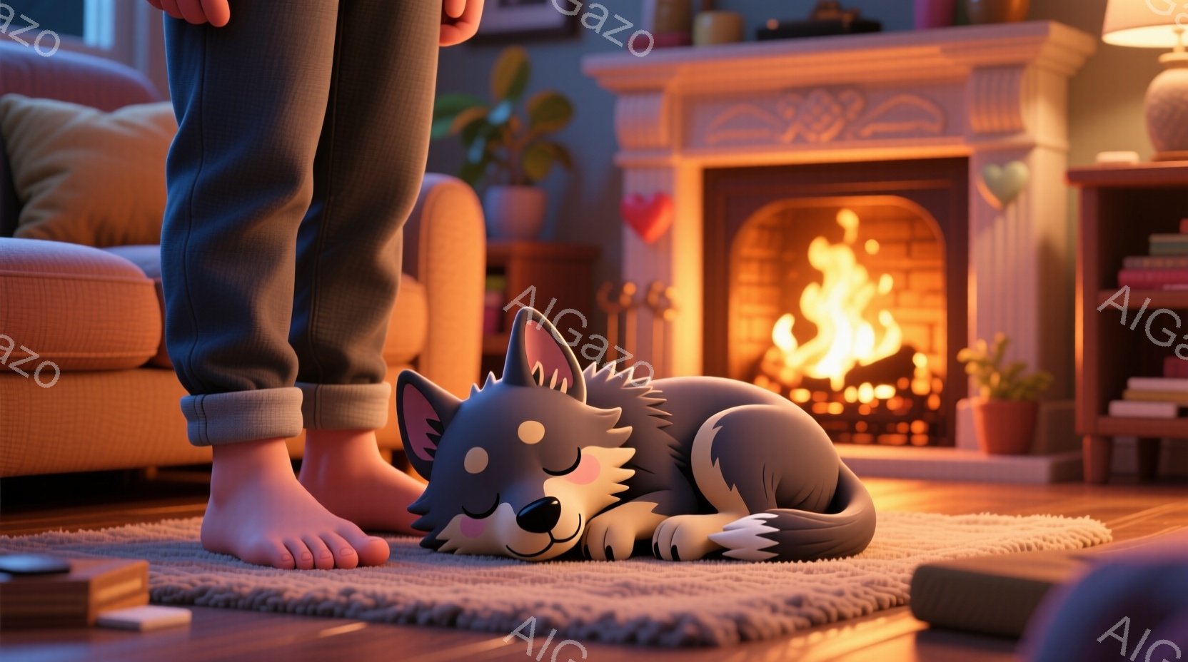 暖炉の前で一匹の灰色の子犬が丸まって眠っている。足元には、履いていない足と、グレーのズボンを履いた人物がいる。背景には、植物が飾られたマントルピースとオレンジ色のソファが見え、温かく穏やかな家庭的な雰囲気が漂っている。