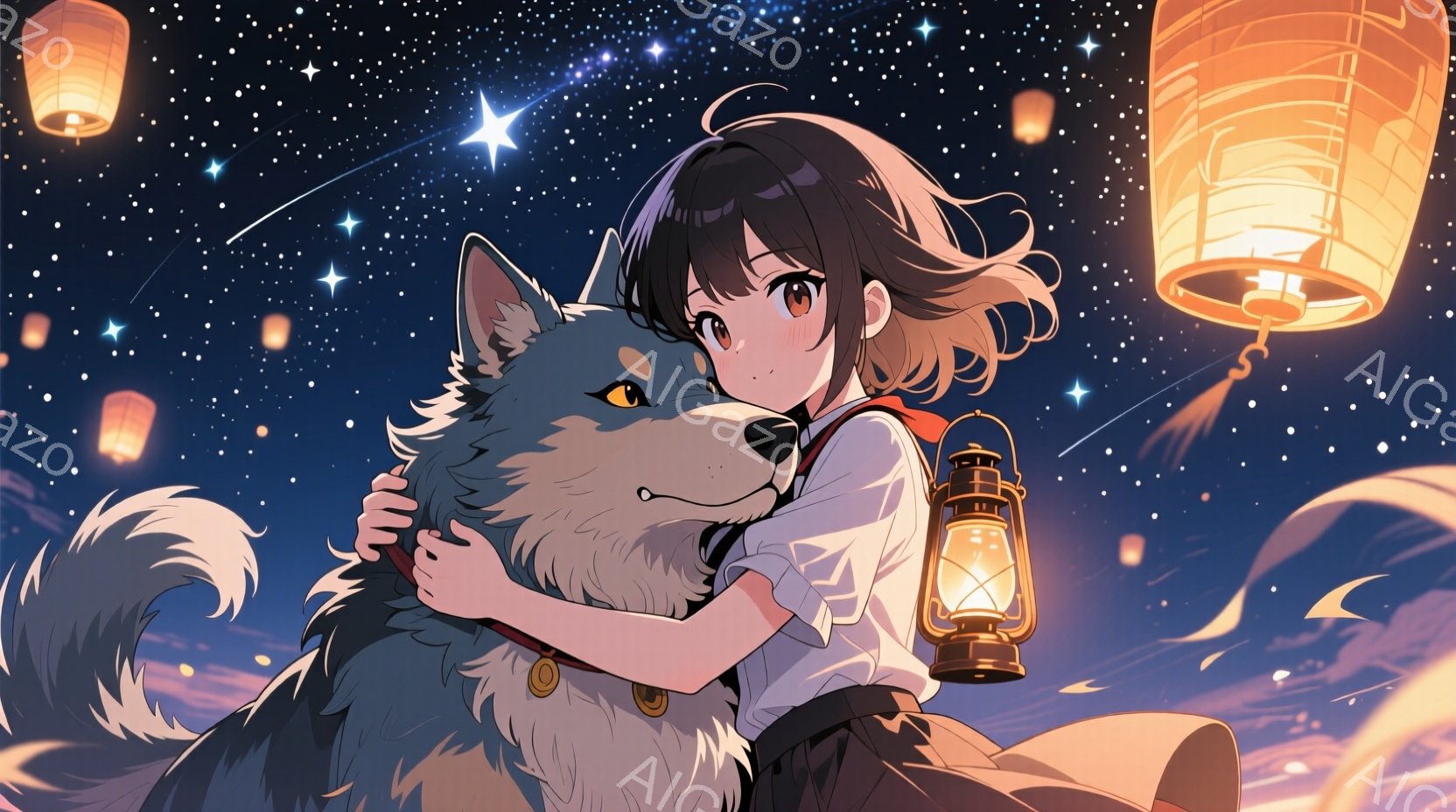 明るい茶髪の少女が、大きな灰色の狼を抱きしめています。少女は白いシャツに黒いスカートを着用し、肩に提灯を下げています。背景は夜空で、無数の星と流れ星、そして提灯が散りばめられ、温かく幻想的な雰囲気を醸し出しています。
