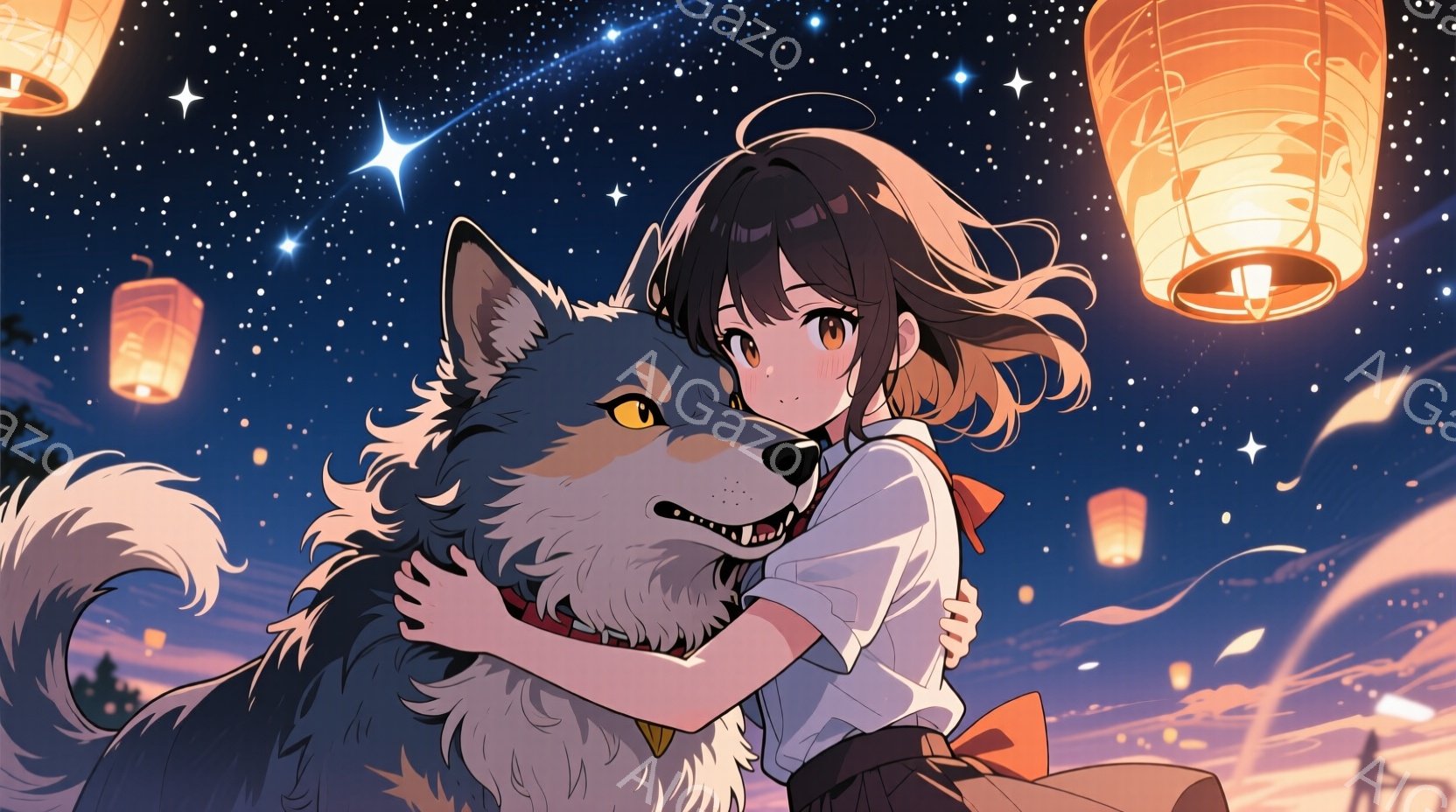 少女は灰色の毛並みの大きな狼と抱き合っています。彼女は茶色の短い巻き毛で、白いシャツと赤いリボン付きのスカートを着ており、笑顔で狼を見つめています。背景には、夜空に浮かぶ無数の星と、オレンジ色の灯籠が浮かんでおり、幻想的で温かい雰囲気を醸し出しています。