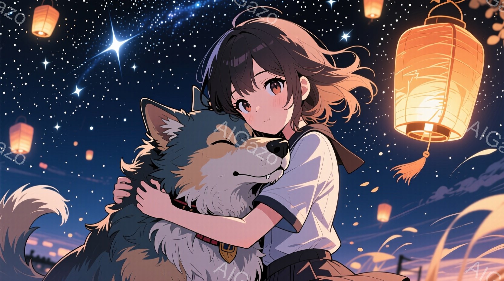 ショートヘアの少女が、大きなシベリアンハスキーを抱きしめています。少女は白いシャツに紺色のスカート、赤いリボンをつけた姿で、満面の笑顔を浮かべています。背景は夜空で、無数の星と提灯が浮かび、暖かく幻想 - AI生成フリー素材