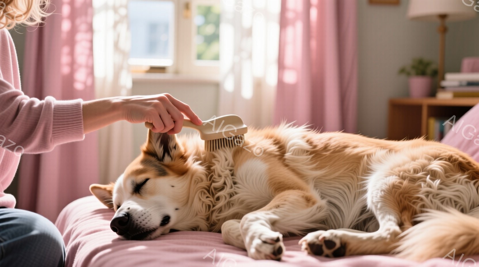 明るいピンク色のソファの上で、クリーム色と茶色の毛並みの犬が横たわっており、一人の手が犬の頭をブラシでとかしている。犬は目を閉じてリラックスした様子で、足元には毛が少し落ちている。背景には柔らかい光が差し込む窓と、観葉植物が置かれた棚があり、穏やかで心地よい雰囲気を感じさせる。