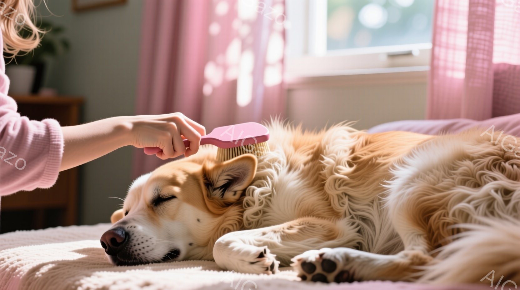 金色の毛並みの犬が、ピンク色のベッドの上で目を閉じて横たわっています。女性の手が犬の背中をピンク色のブラシで優しく梳かしており、リラックスした雰囲気が伝わってきます。背景には、ぼやけた家具や窓が見え、穏やかで暖かい室内であることがわかります。