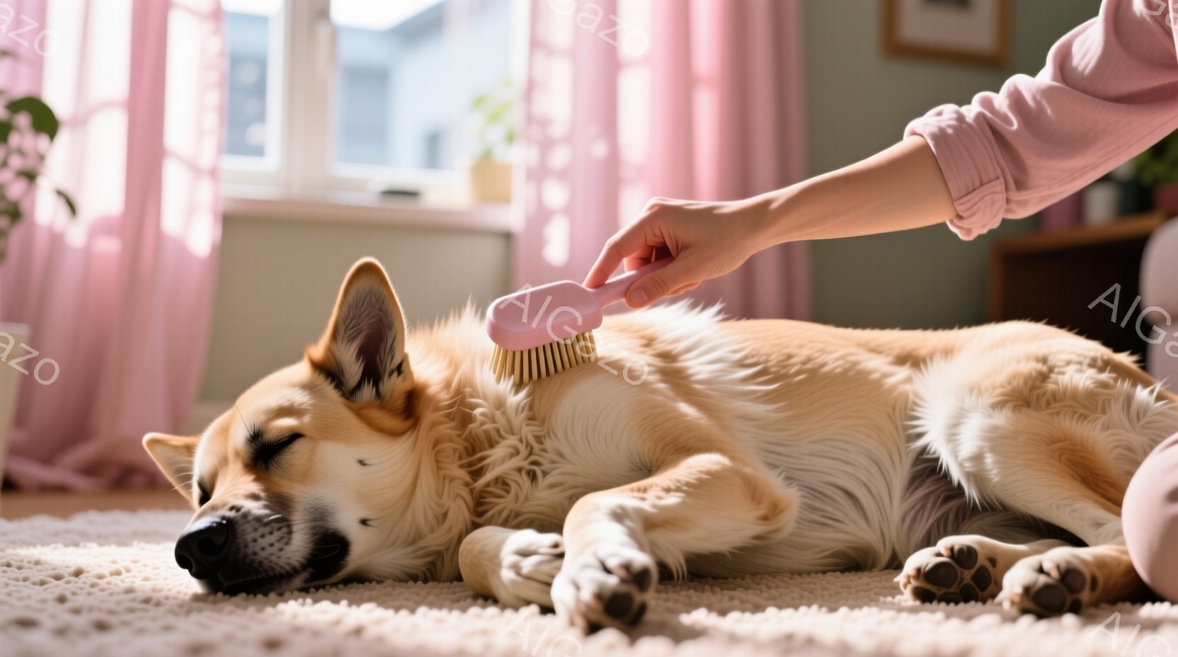 クリーム色の毛並みが美しい犬が、明るいフローリングの上で仰向けに寝そべっており、ピンク色のブラシで優しくブラッシングされている。窓から差し込む柔らかな光が犬の毛並みを照らし、リラックスした穏やかな雰囲気を醸し出している。背景には、植物と窓が見え、静かで心地よい室内空間が表現されている。