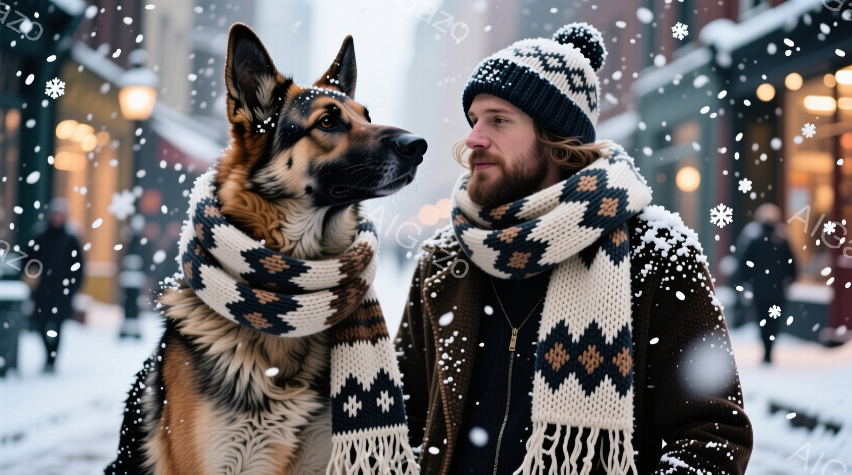 街の雪景色を背景に、ドイツシェパードと男性が並んで写っている。男性はニット帽と髭を生やし、ダークカラーのジャケットに柄物のマフラーを巻いている。雪が降り積もる中、犬と男性は共に前方を向いており、温かく - AI生成フリー素材