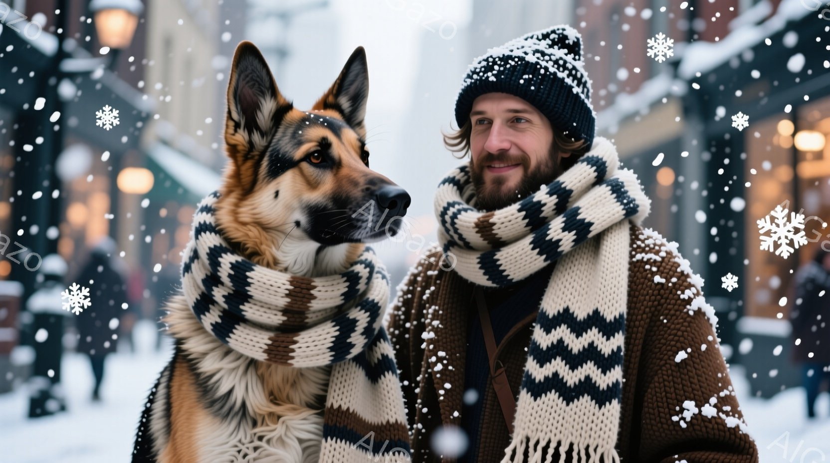 暖炉のような色合いのジャーマンシェパードと、ニット帽をかぶり髭を生やした男性が、同じ模様の太いマフラーを巻いて並んで立っています。背景にはぼやけた都市の建物が見え、雪が舞い散る冬の日の様子が描かれています。二人の表情は穏やかで、冬の暖かさと親密な雰囲気が伝わってきます。