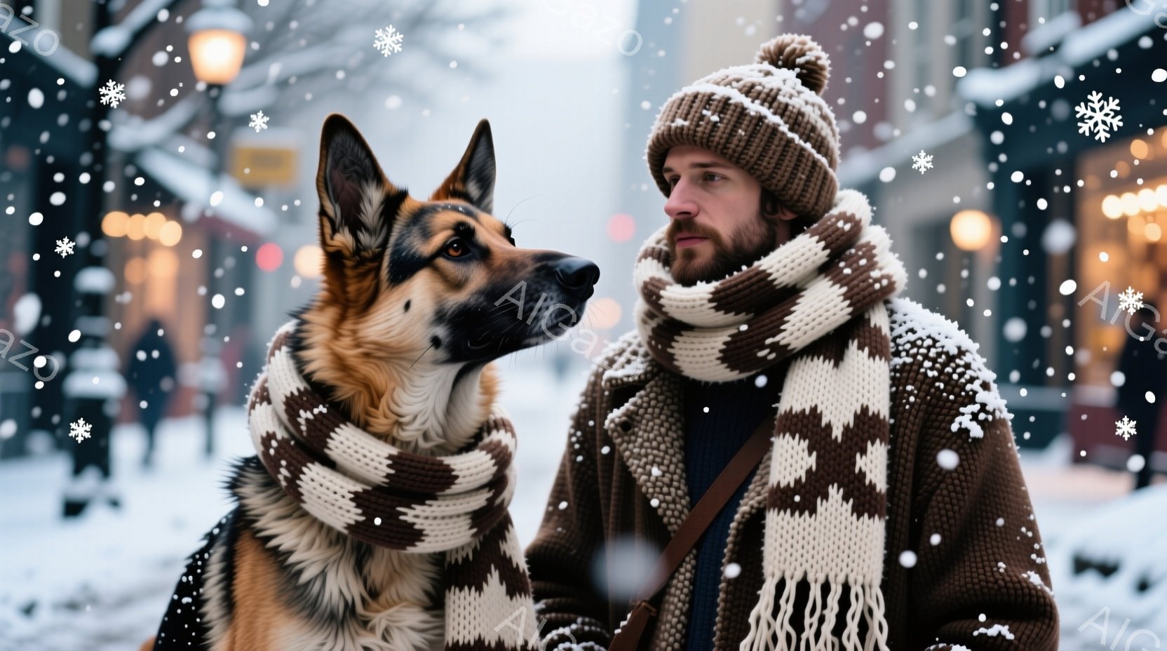 街並みを背景に、ニット帽とマフラーを巻いた男性とジャーマンシェパードが並んで写っています。男性は顎ひげを生やしており、どこか遠くを見つめる表情をしています。背景は雪景色で、ぼやけた街灯や建物が冬の寒さと暖かさを表現しています。