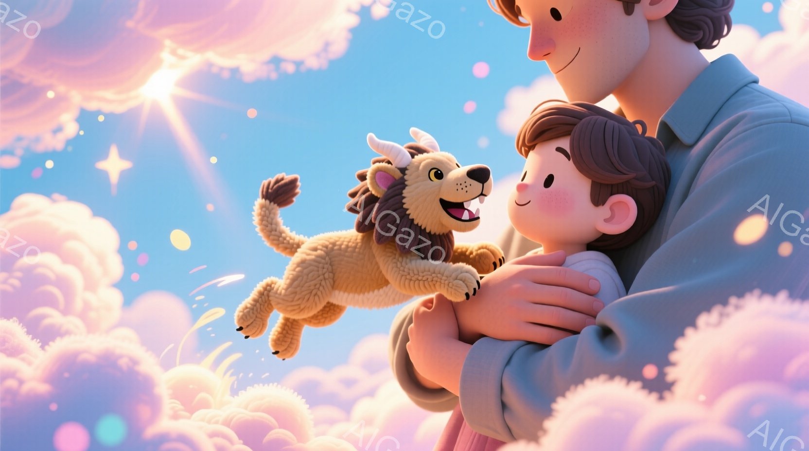 少年はピンク色の背景に浮かぶ雲の中で、ふわふわの獅子のぬいぐるみのような生き物を抱きしめています。少年は茶色の短い髪を持ち、頬は赤く染まり、穏やかな笑顔を浮かべています。背景はパステルカラーの雲と太陽 - AI生成フリー素材