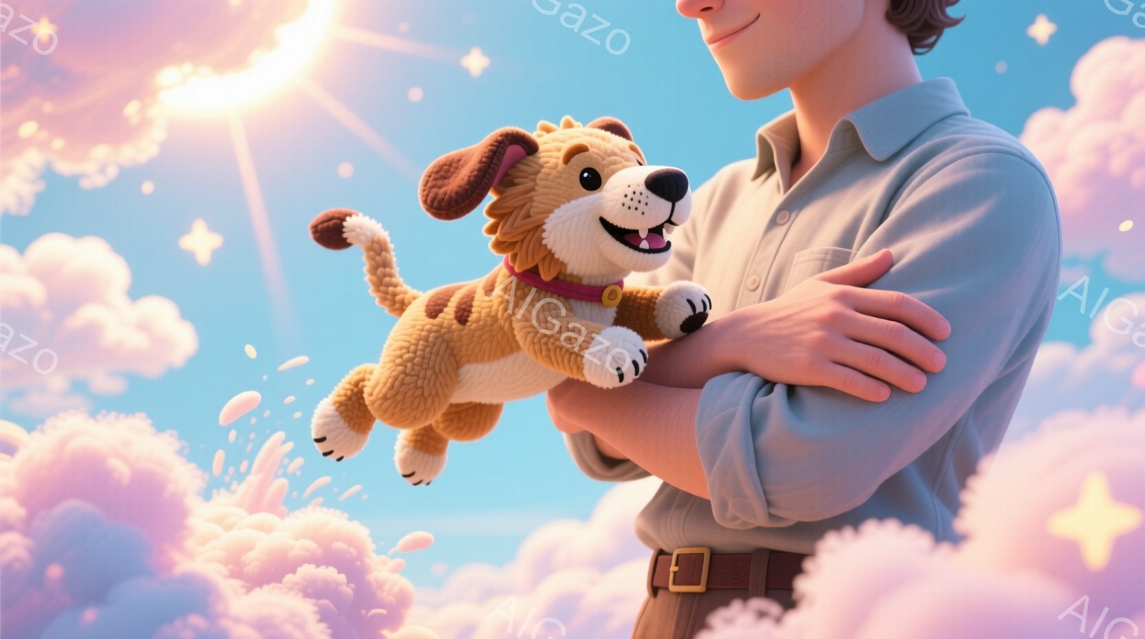 明るい青空を背景に、茶色の毛並みで愛らしい子犬が、腕の中に抱かれている様子が描かれています。犬は口を開けて微笑み、喜びを表現しており、抱いている人物はベージュ色のシャツと茶色のベルトを身に着けています。空にはふわふわとした雲とキラキラとした光が散りばめられ、全体的に暖かく、幸せな雰囲気を醸し出しています。