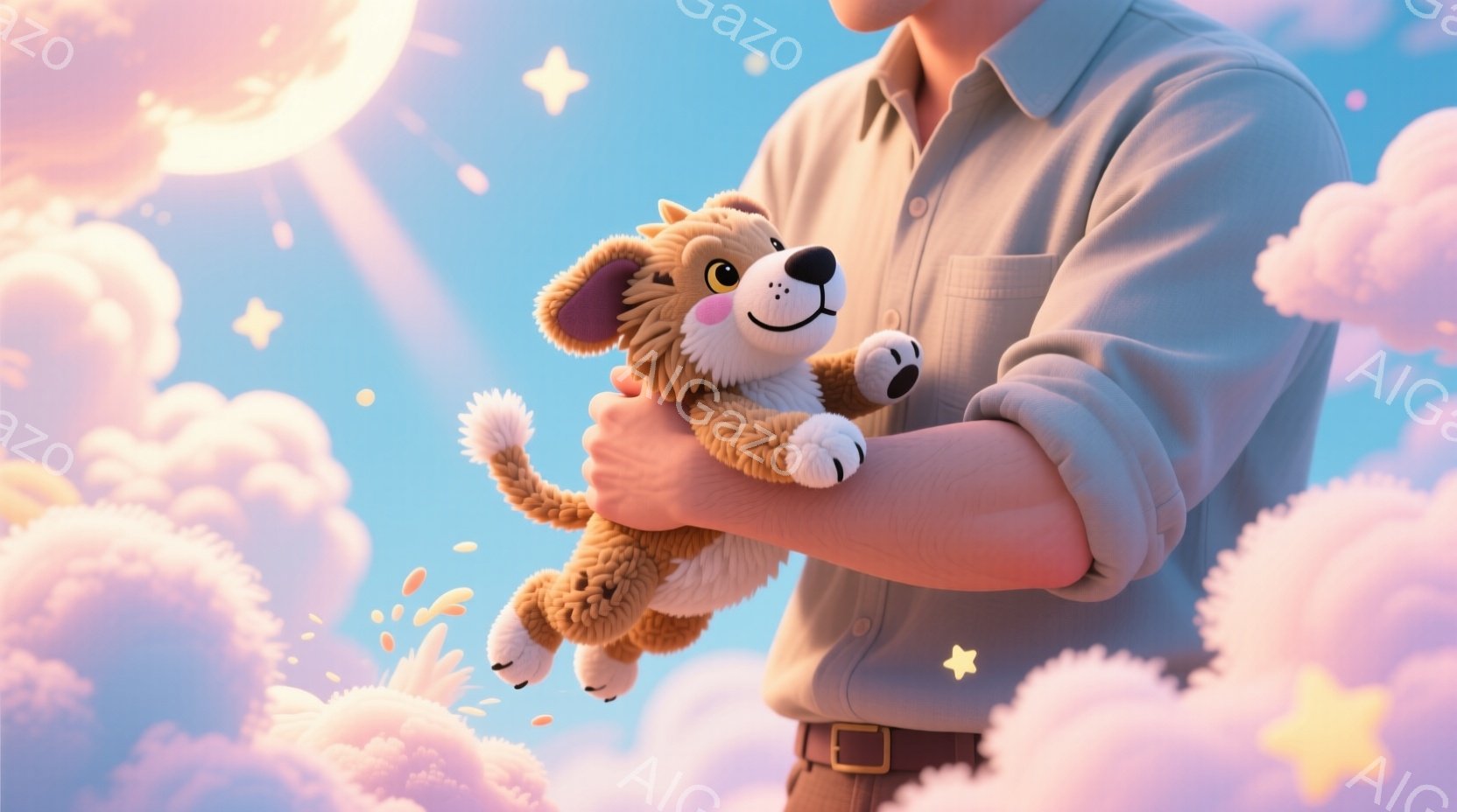 空に浮かぶ男の腕の中に、愛らしい茶色の犬のぬいぐるみがあります。男は薄い青色のシャツを着ており、腰には茶色のベルトが巻かれています。背景はパステルカラーの雲と星で満たされ、夢のような雰囲気を醸し出しています。