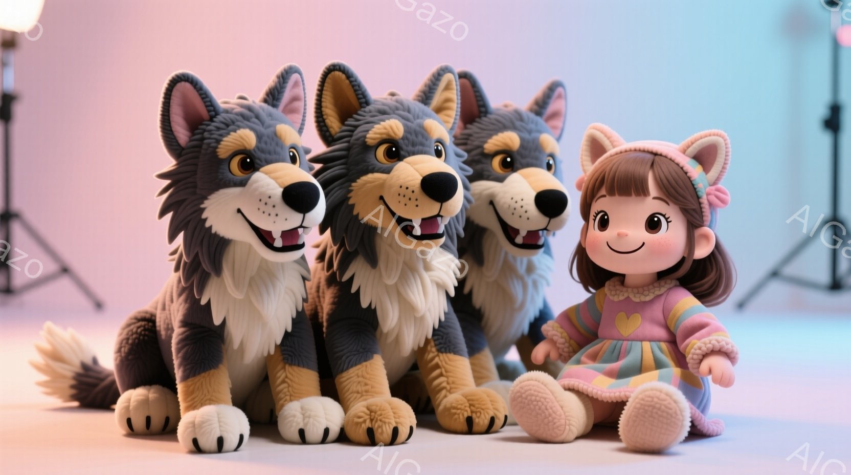 可愛らしい人形が、3匹の狼のぬいぐるみと一緒に白い背景に座っています。人形は茶色のカールした髪で、ピンクと黄色のパステルカラーのパジャマのような服を着て、満面の笑みを浮かべています。狼のぬいぐるみは黒と茶色の毛並みで、楽しそうな表情をしており、全体的に暖かく、遊び心あふれる雰囲気です。