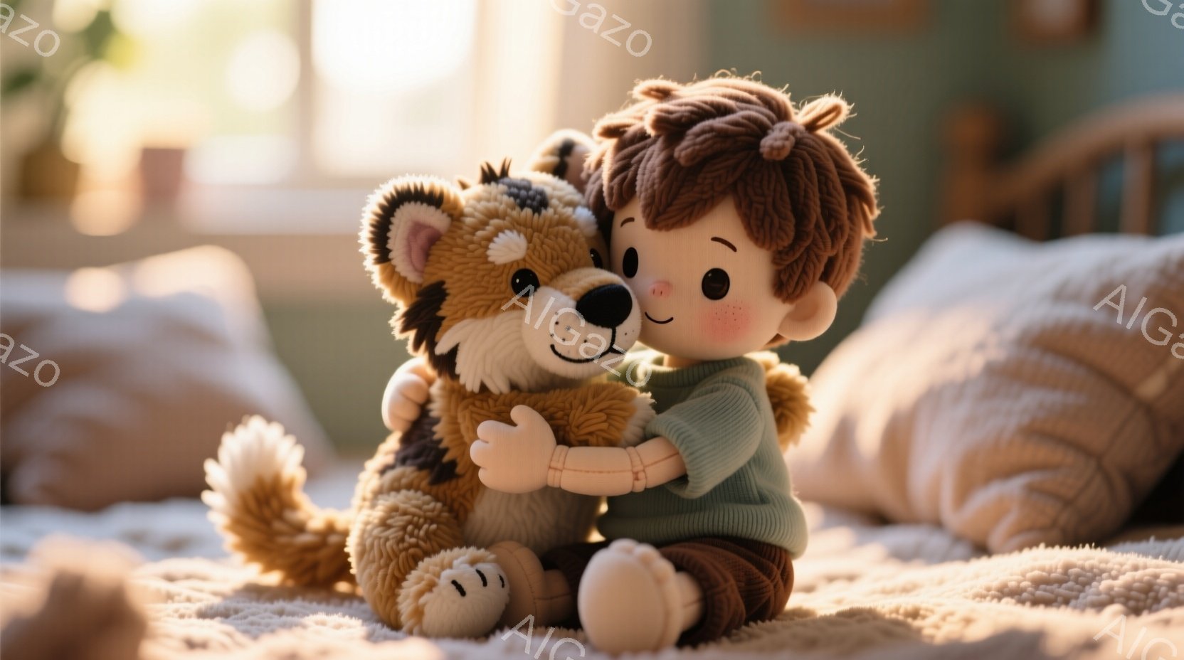 少年はふわふわの茶色の犬のぬいぐるみと抱き合って座っています。少年は茶色の巻き毛で、薄い緑色のセーターを着ており、顔には幸せそうな表情が浮かんでいます。背景には、明るい色調のクッションと、ぼやけた暖色系の室内が写っており、全体的に温かく穏やかな雰囲気です。