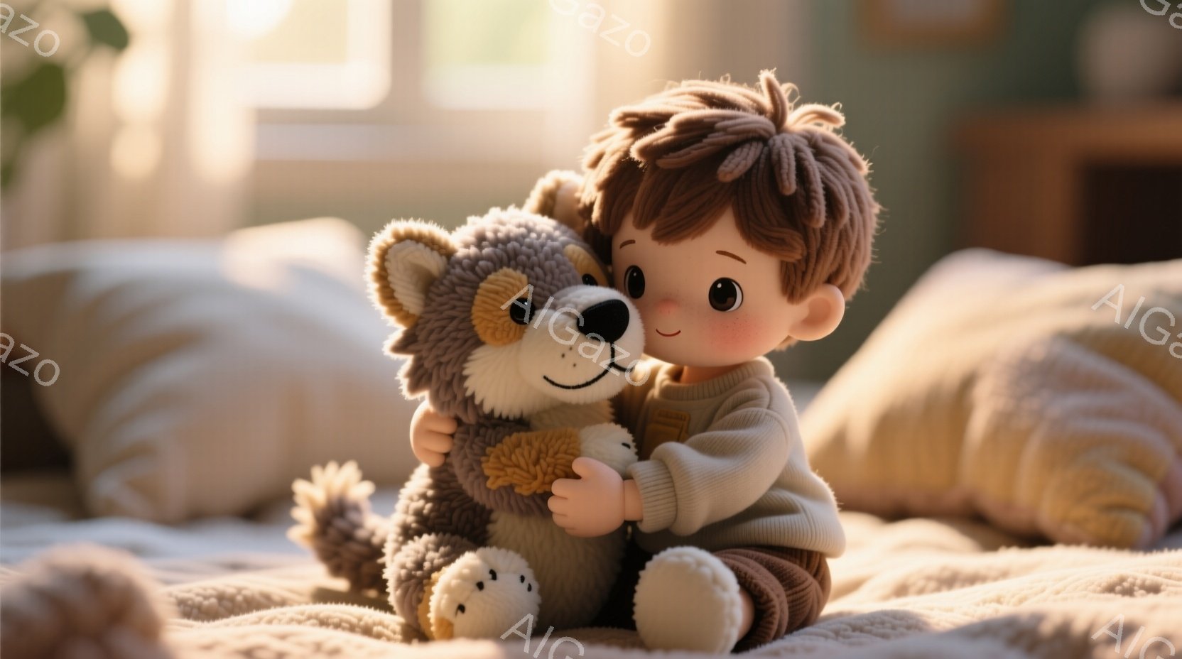茶色の巻き毛の少年が、ふわふわのグレーと茶色の犬のぬいぐるみと抱き合っています。少年はベージュ色のリブ編みのセーターとコーデュロイパンツを着ており、頬はほんのり赤らんでいます。背景には、ぼやけた枕と柔 - AI生成フリー素材