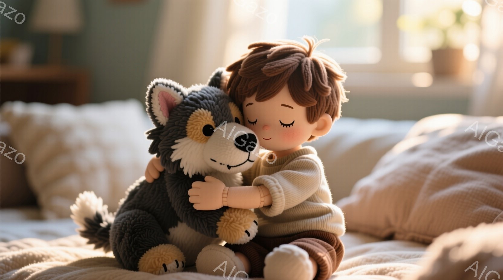茶色の短い髪の少年が、グレーと茶色の大きな犬のぬいぐるみと抱き合っています。少年はクリーム色のリブニットのセーターと濃い色のズボンを着用し、穏やかな笑顔を浮かべています。背景にはぼやけた室内が広がり、 - AI生成フリー素材