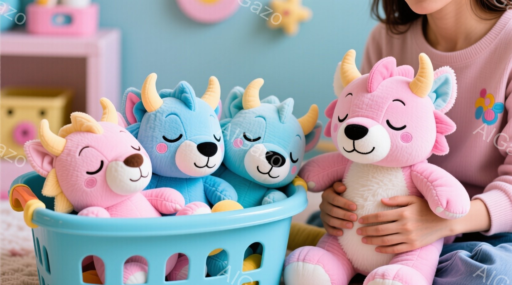 明るい青い洗濯かごの中に、ふわふわのピンクと水色のユニコーンのぬいぐるみたちがぎっしりと詰まっています。ぬいぐるみは皆、目を閉じて穏やかな表情をしており、優しい雰囲気を醸し出しています。背景にはパステルカラーの収納ボックスや星型の装飾が見え、子供部屋のような柔らかく遊び心のある空間が広がっています。