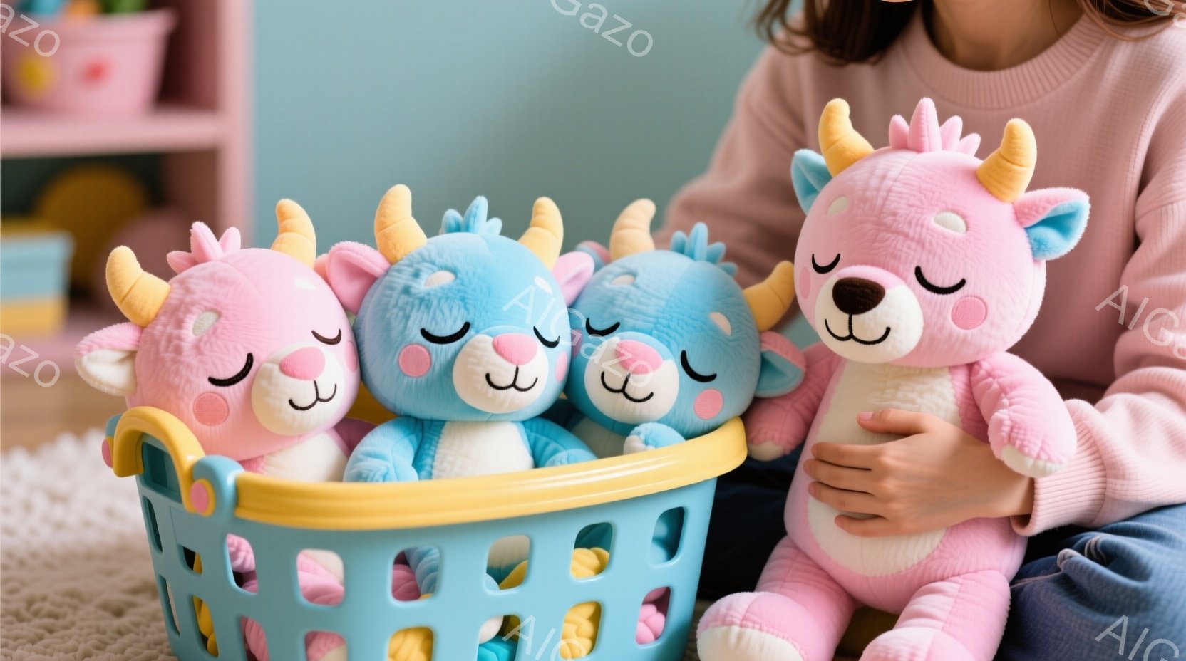 淡いピンクと水色のふわふわしたユニコーンのぬいぐるみが、水色のプラスチックのバスケットにぎっしりと詰まっています。ぬいぐるみの目は閉じられており、穏やかで平和な表情をしています。背景には、カラフルな子供用家具がぼんやりと見え、暖かく遊び心のある雰囲気を醸し出しています。