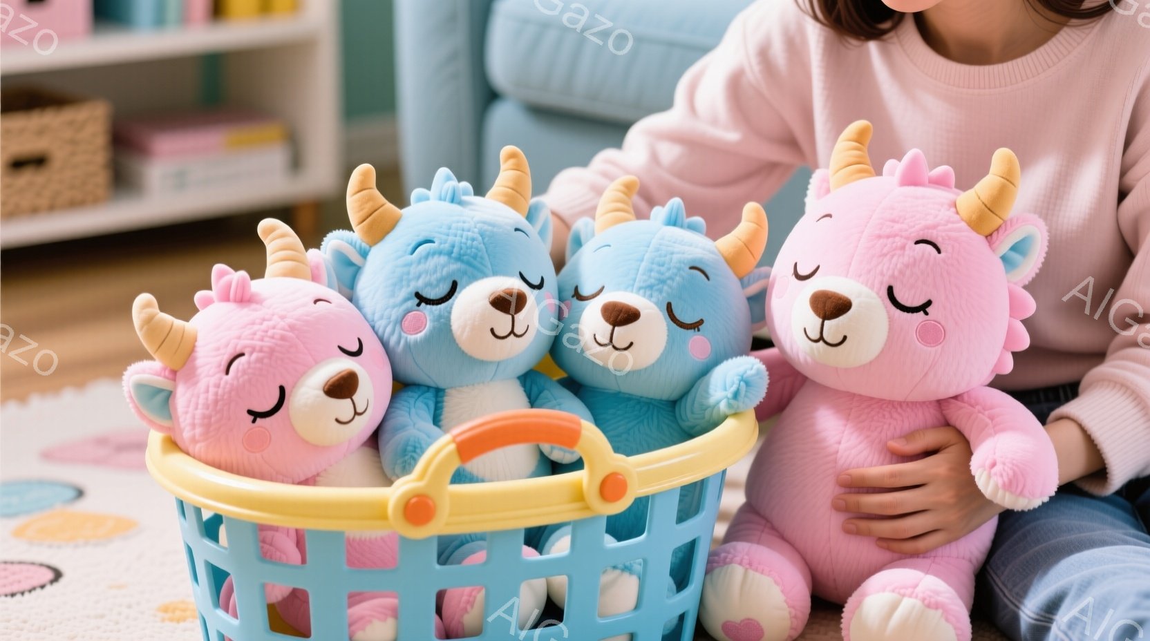 ターコイズブルーの洗濯かごに、ピンクと水色の愛らしいユニコーンのぬいぐるみたちがぎっしりと詰まっています。ぬいぐるみたちは目を閉じ、穏やかな表情で、柔らかな毛並みが特徴です。背景には、ベージュ色のソファやカラフルなおもちゃが見え、温かく、遊び心のある雰囲気が漂っています。