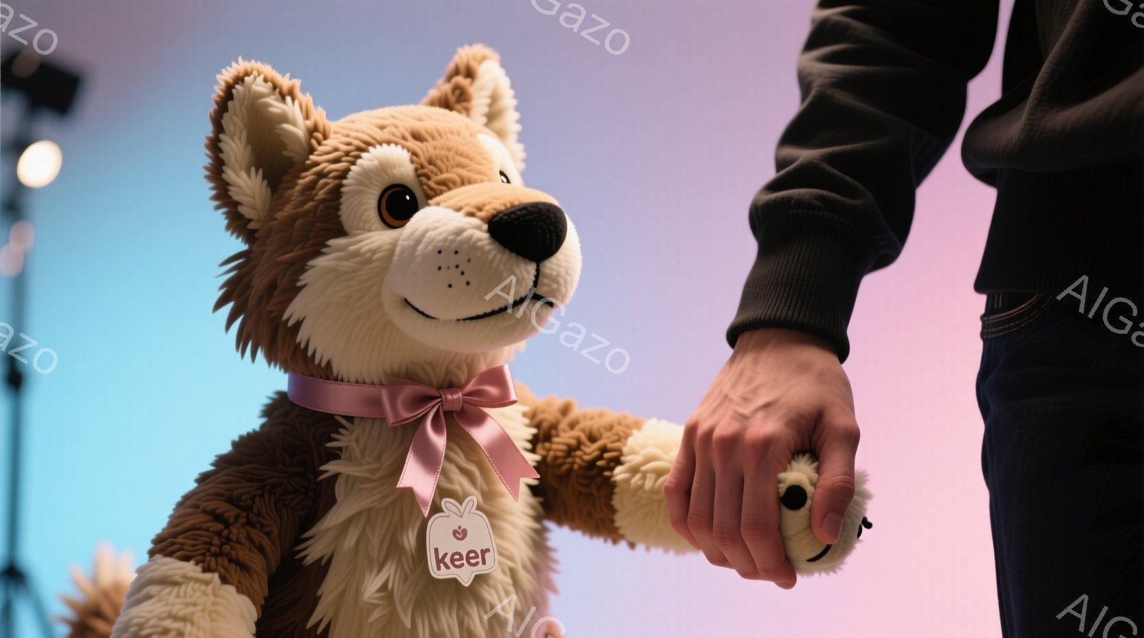 茶色い毛並みの犬のぬいぐるみが、薄いピンク色のリボンと「keer」と書かれたタグをつけて座っており、左前足が人の手によって握られています。背景は、ピンクと青のグラデーションで、柔らかく暖かな雰囲気を醸し出しています。全体的に、愛らしい犬のぬいぐるみと人の触れ合いが強調された、穏やかで親しみやすいイメージです。