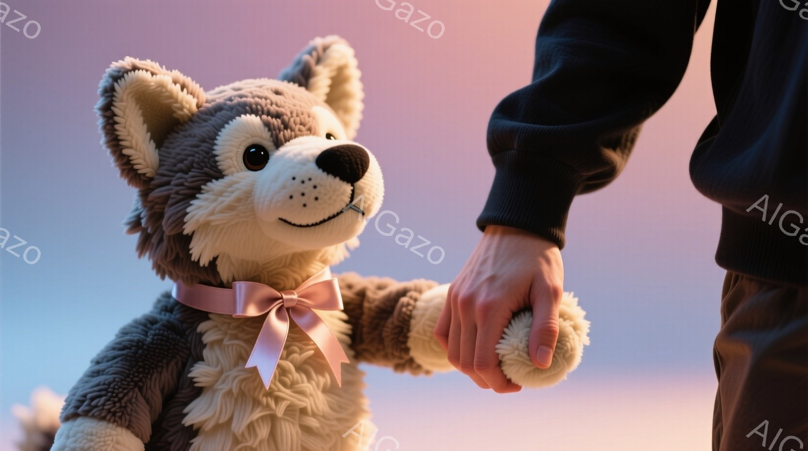 ふわふわの灰色の犬のぬいぐるみは、ピンクのリボンを首に巻いています。一人の人物がぬいぐるみの前足を握っており、まるで散歩に出かけるかのような親密な様子が伺えます。背景は夕焼けのようなオレンジと紫のグラデーションで、穏やかで温かい雰囲気を作り出しています。
