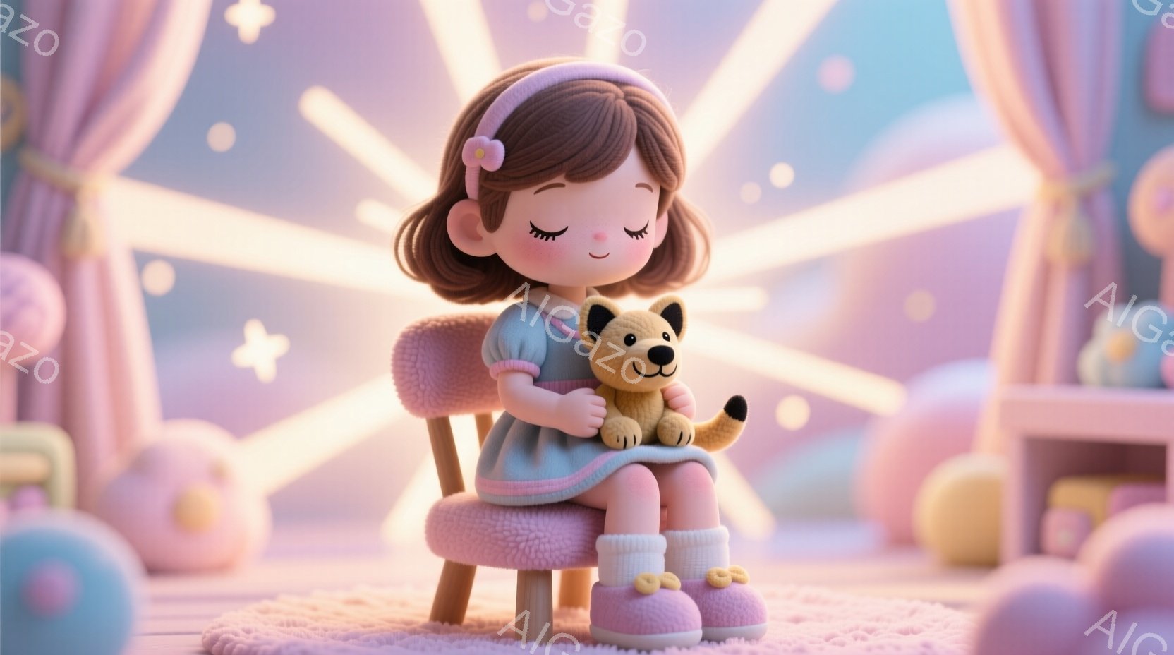 茶色の巻き毛の少女が、薄い水色のワンピースとピンク色の靴下とスリッパを履いて、ふわふわのピンク色の椅子に座っています。彼女は目を閉じて穏やかな表情で、小さなテディベアを優しく抱きしめています。背景には - AI生成フリー素材