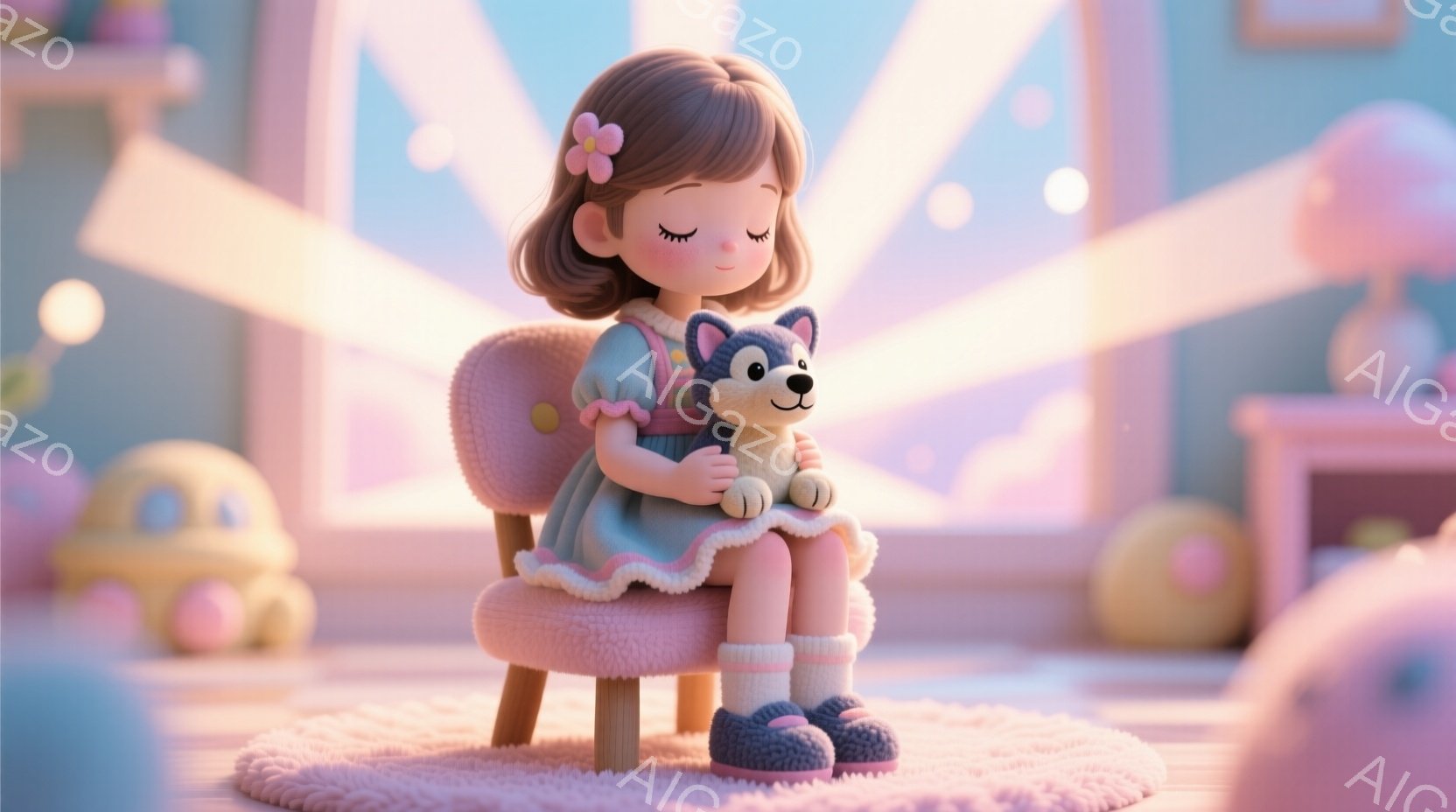 明るいピンクの椅子に座った少女は、水色の服とピンクのソックスを履いています。彼女は目を閉じ、抱きしめているぬいぐるみを見つめており、穏やかで優しい雰囲気が漂っています。背景には、パステルカラーの暖かく - AI生成フリー素材