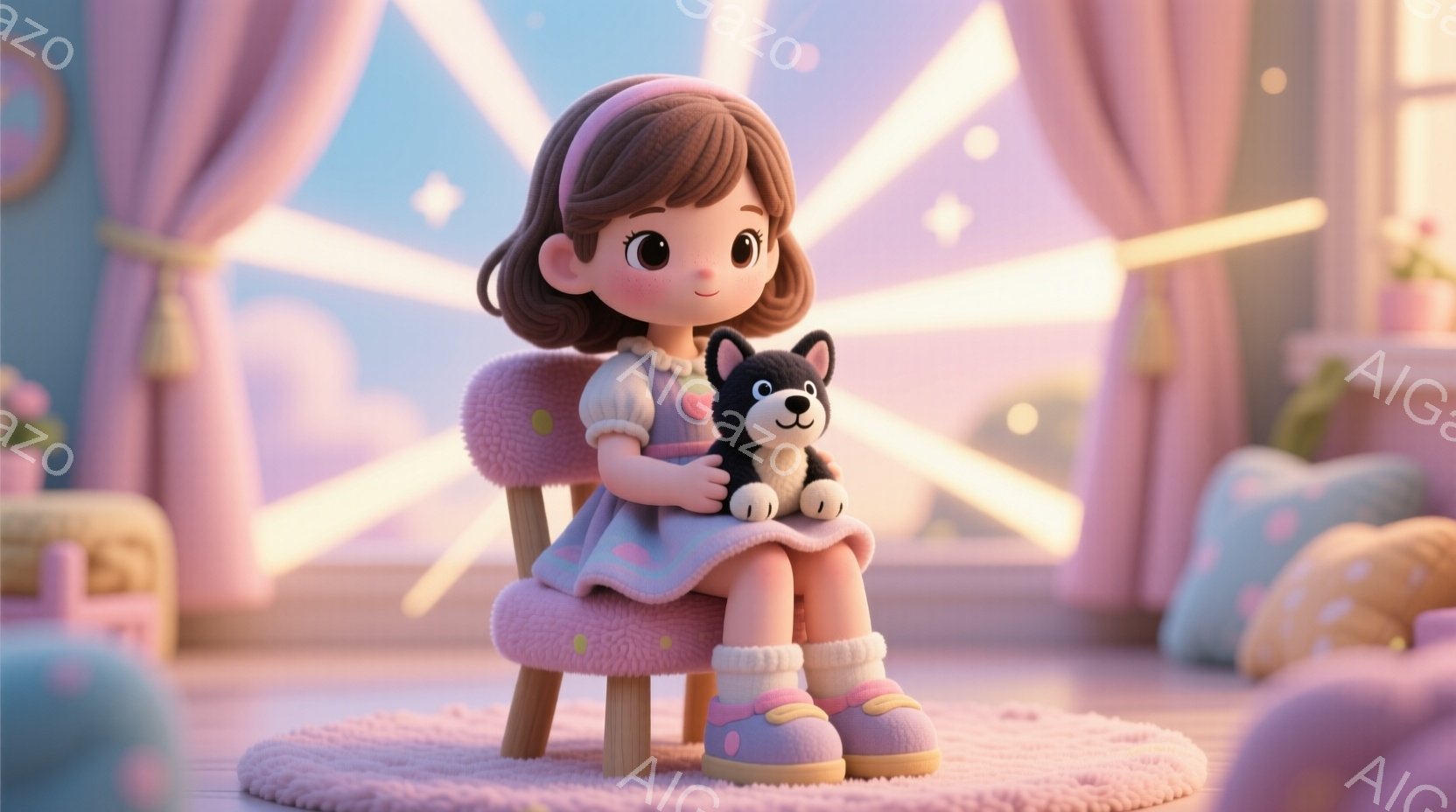 少女は小さなピンク色の椅子に座り、抱きしめるように黒い子犬を抱えています。彼女は薄いピンク色のワンピースと、ピンクと紫のブーツを履いており、茶色の短い髪型にしています。背景には、明るいピンク色の壁と、大きな窓から差し込む暖かい光があり、全体的に夢のような、優しい雰囲気です。