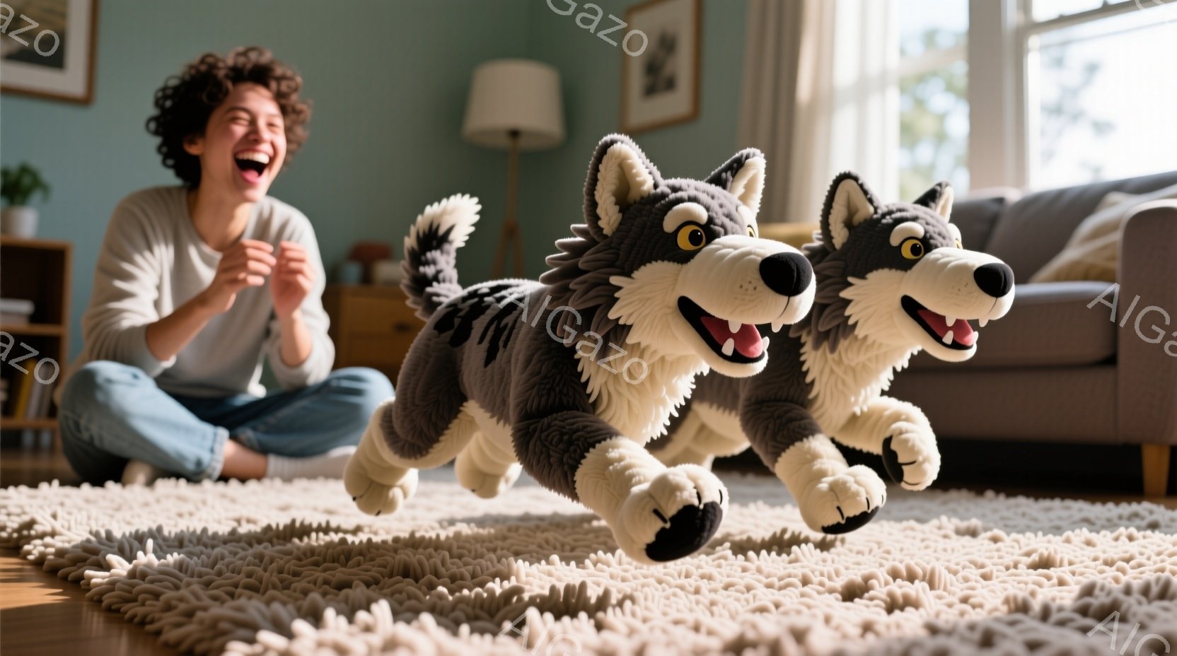 室内で、カールした髪の女性が床に座り、楽しそうに笑っています。彼女の前には、まるで生きているかのように走り出す2匹の灰色のオオカミのぬいぐるみが写っており、厚い毛並みが特徴的です。背景にはソファーや植 - AI生成フリー素材