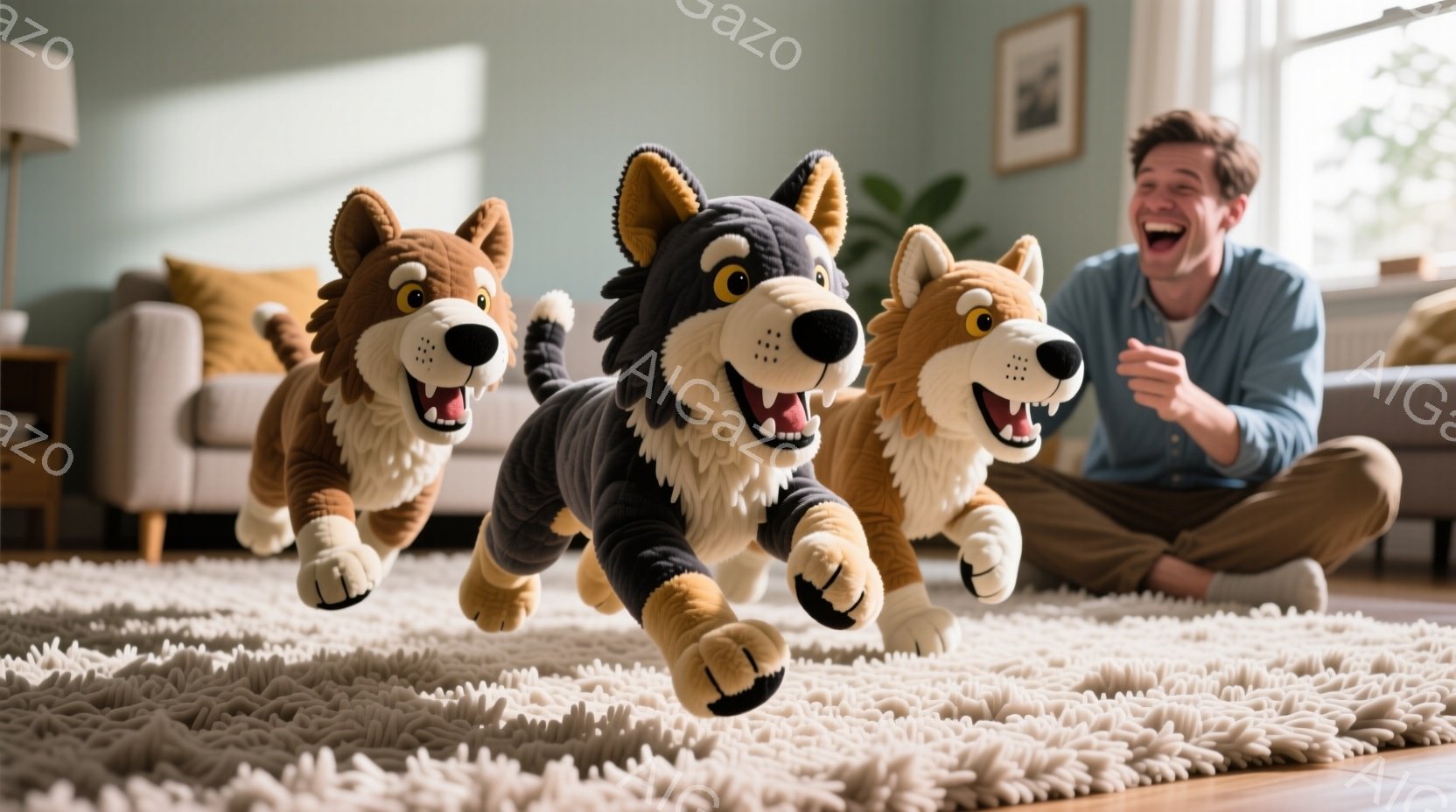 部屋の床に敷かれた毛足の長い絨毯の上を、３匹の狼のぬいぐるみが走っている様子が写っている。背景には、椅子とクッションのあるリビングルーム、そして膝を抱えて笑顔でそれを見ている男性がおり、彼は短い髪とひげを生やし、濃い色のシャツを着ている。全体的に、暖かく、遊び心のある、楽しい雰囲気が漂っている。