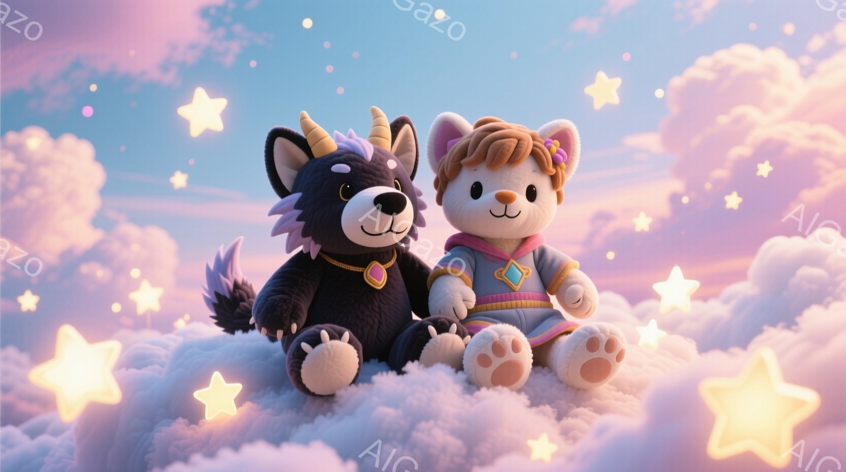 暗い色の狼とオレンジ色の猫が雲の上に座っています。狼は金色の装飾が施された黒い服を着ており、猫は緑と金色の縁取りのあるオレンジ色のローブを着ています。背景には、雲に浮かぶ星が散りばめられており、夢のような幻想的な雰囲気を醸し出しています。