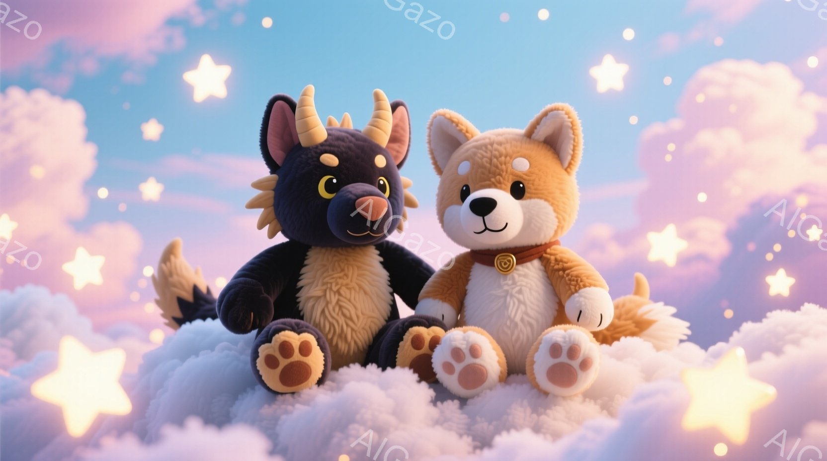 ふわふわの雲の上に、2匹のかわいい犬のぬいぐるみたちが座っています。黒い犬は金色の角とたてがみを持っており、赤い鼻と輝く緑の目を持っています。茶色の犬は赤いリボンをつけており、穏やかな表情で、周りにはきらめく星が散りばめられています。