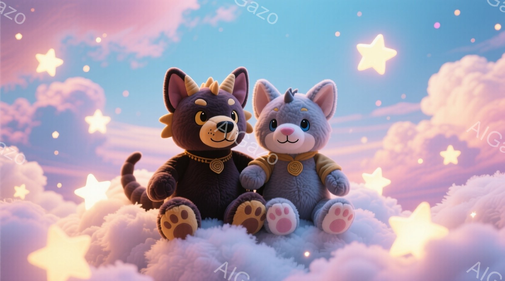 ふわふわの雲の上に、2匹の愛らしいぬいぐるみ犬が寄り添って座っています。黒い犬は首輪をつけており、灰色の犬は黄色いセーターを着ています。背景には、パステルカラーの雲と星が散りばめられており、夢のような、暖かく優しい雰囲気を醸し出しています。