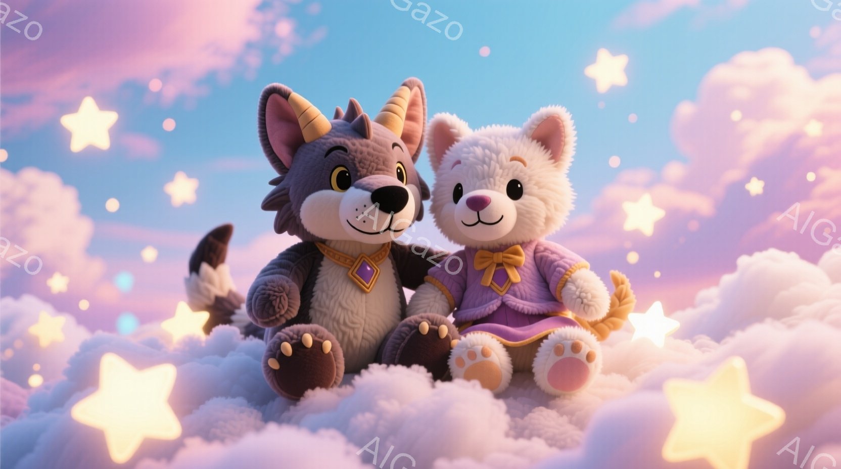 雲の上に座っている、毛並みの良い2匹の動物のぬいぐるみです。左は茶色の狼で、紫色の襟元に青い宝石のペンダントをつけ、右は白い子猫で、同じく紫色のリボンと襟元で飾られています。背景にはパステルカラーの雲と星が散りばめられており、全体的に夢のような、暖かい雰囲気です。