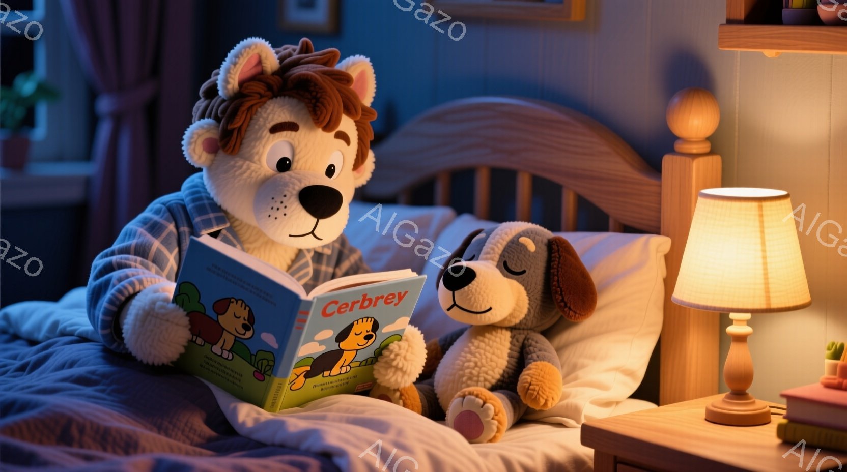 暖炉の光の下、ベッドに横たわる犬のキャラクターが描かれています。キャラクターはチェック柄のパジャマを着ており、膝の上で絵本「Cerbey」を読んでいます。背景には他の犬のぬいぐるみと、暖かく穏やかな雰囲気の寝室が広がっています。