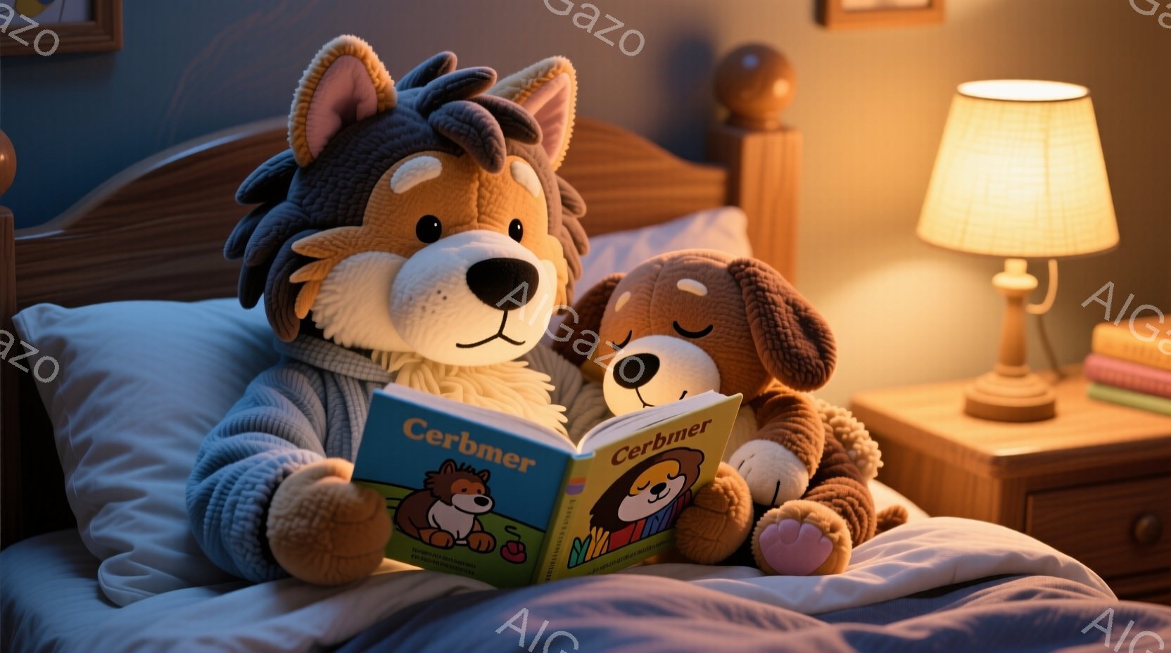 ぬいぐるみ２匹がベッドで本を読んでいます。灰色の狼のぬいぐるみはリラックスして背もたれに寄りかかり、茶色の犬のぬいぐるみは身を乗り出して本に集中しています。ベッドサイドテーブルにはランプが置かれ、柔らかい光がベッドルーム全体を照らし、温かく心地よい雰囲気を作り出しています。