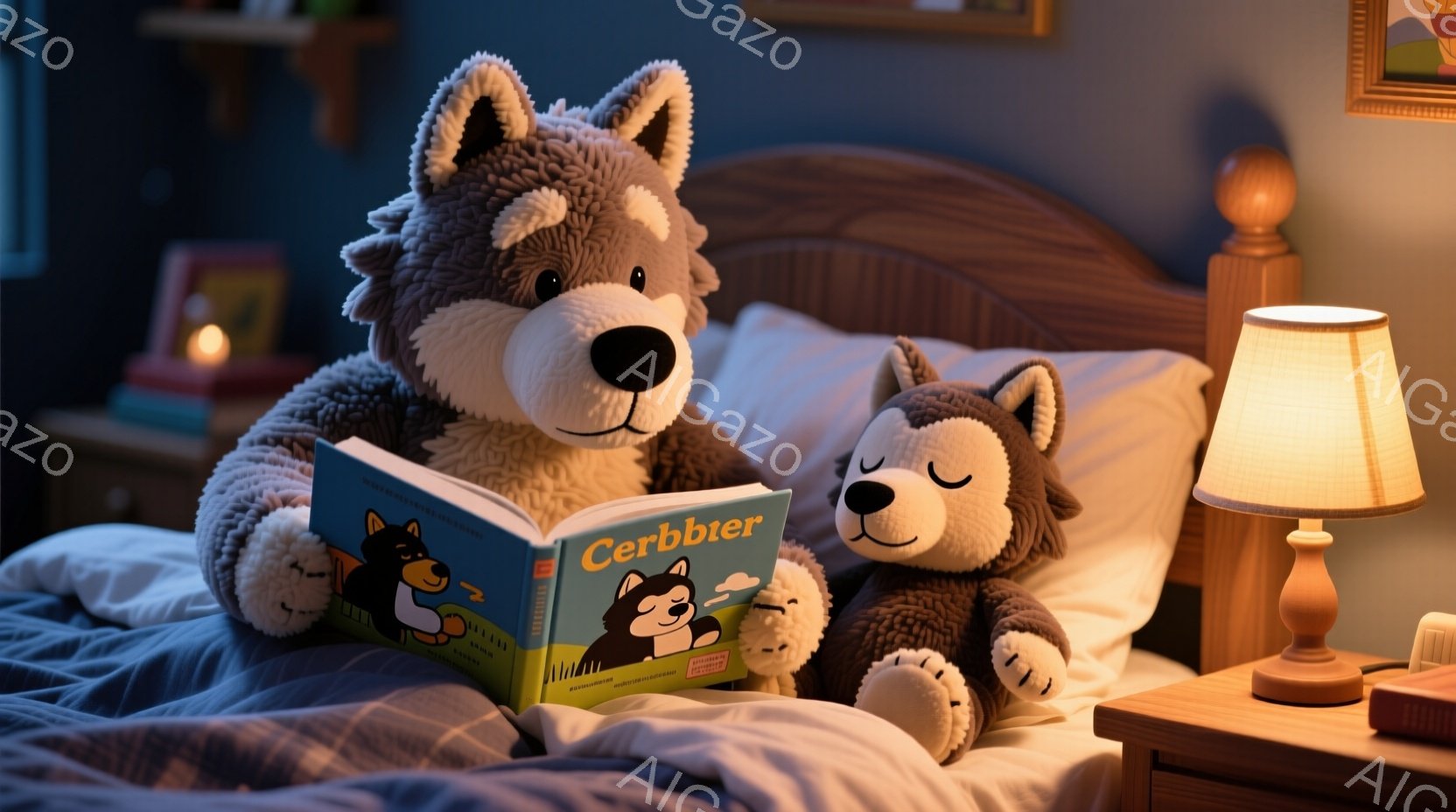 ぬいぐるみ２匹がベッドに座って絵本を読んでいる様子が描かれている。大きな狼のぬいぐるみは絵本を開いており、小さな狼のぬいぐるみはそれを見ている。背景にはナイトスタンドとランプがあり、暖かく穏やかな雰囲気である。
