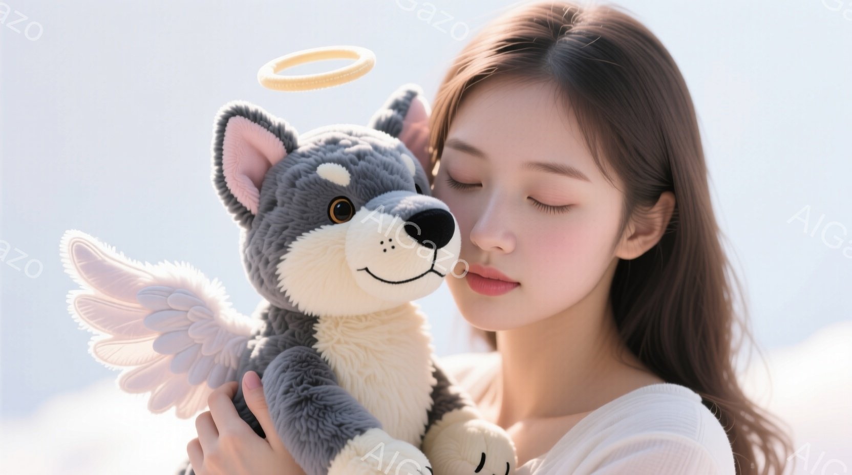若い女性が灰色の天使の翼が付いたふわふわの犬のぬいぐるみを抱きしめています。彼女は白い長袖の服を着ており、長い黒髪はゆるやかにカールしています。背景はぼやけており、おそらく屋外の穏やかな日中の光景で、全体的に穏やかで優しい雰囲気が漂っています。