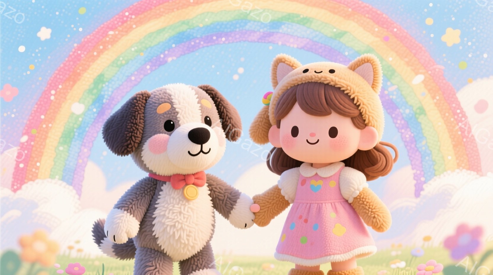 ふわふわした毛並みの犬と、ピンク色のドレスを着た女の子が手をつないで立っています。女の子は茶色の巻き毛に猫耳の帽子をかぶり、笑顔で、犬は赤い首輪を付けています。背景には虹と花が咲き乱れ、明るく穏やかな雰囲気です。