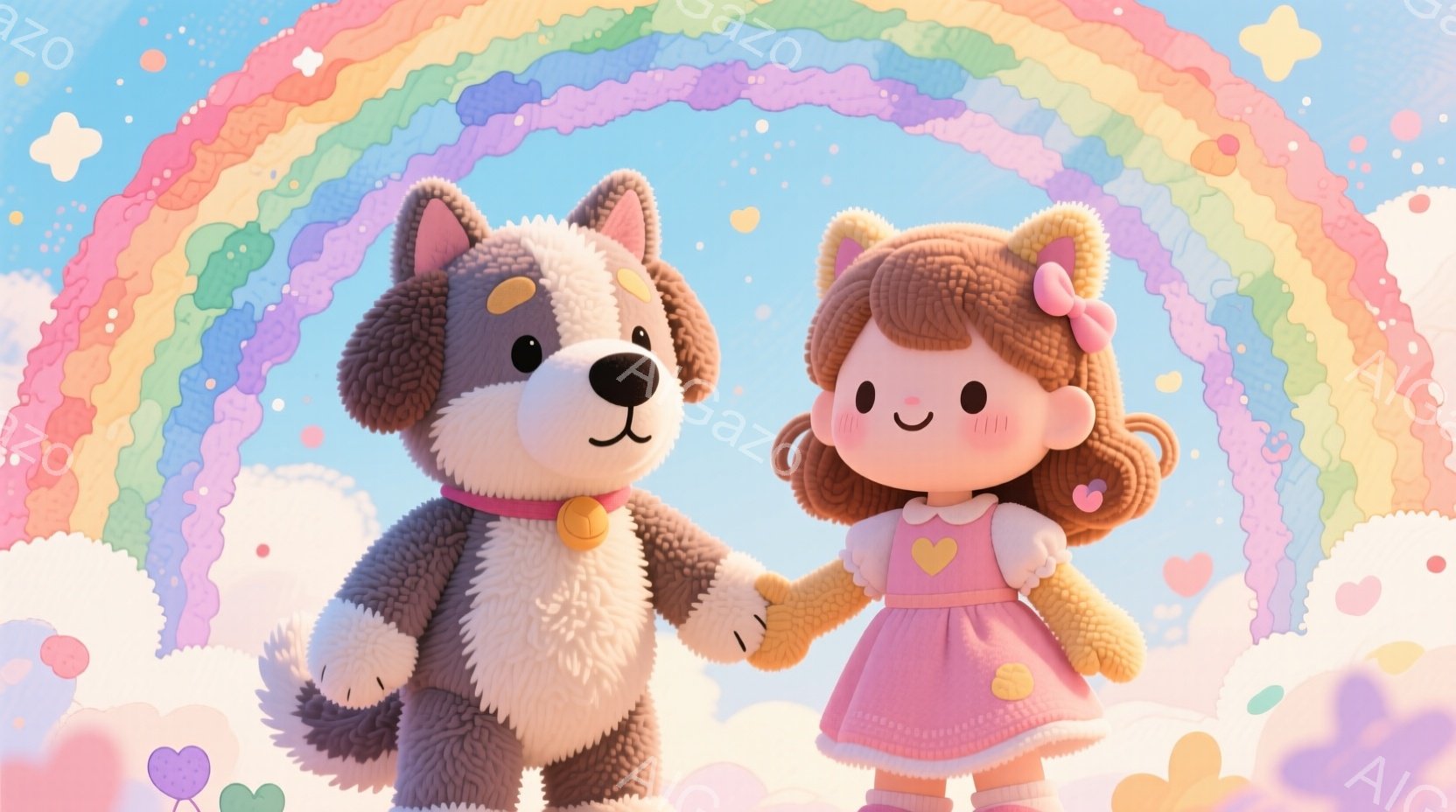 ふわふわの毛並みを持つ黒と白の犬と、ピンク色のドレスを着た女の子が手をつないで立っています。女の子は茶色の巻き毛にリボンをつけており、顔には微笑みが浮かんでいます。背景にはパステルカラーの虹と、たくさんのハートや星が散りばめられた雲があり、全体的に夢のような、優しい雰囲気です。