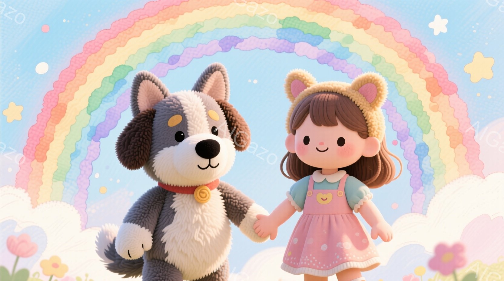 ふわふわした毛並みの犬と、茶色の髪にうさぎの耳のヘッドバンドをつけた女の子が手をつないでいます。女の子は水色のシャツにピンク色のスカートを着ており、表情は穏やかで幸せそうです。背景には虹と雲、そして可愛らしい花々が描かれており、全体的に温かく、夢のような雰囲気です。