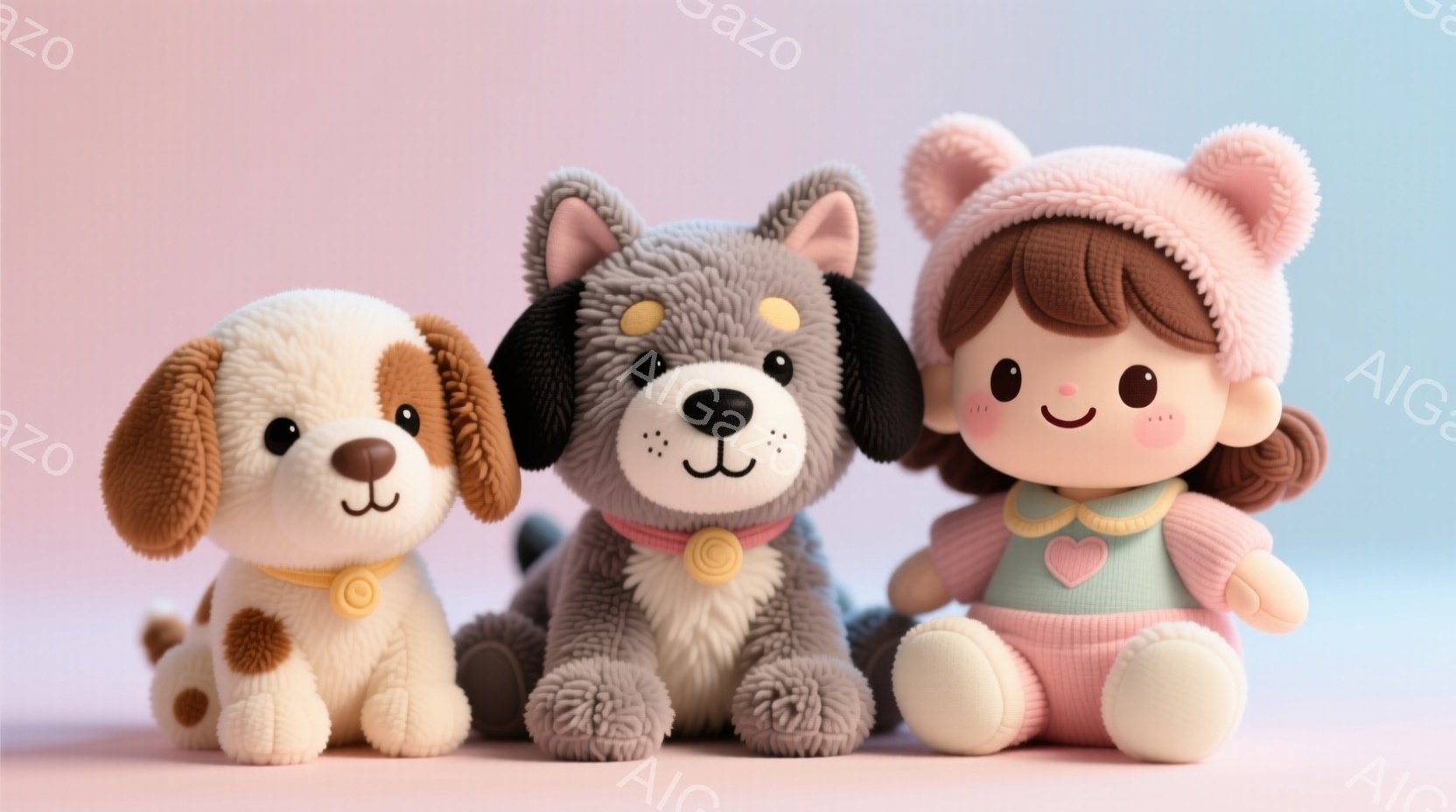 ふわふわとした質感の犬と女の子の人形が並んで座っています。茶色の犬は水玉模様の首輪をつけ、黒い犬はシンプルな首輪を巻いています。女の子はピンク色の服を着て、頭にはふわふわした帽子をかぶり、優しい笑顔を浮かべており、全体的に温かく可愛らしい雰囲気です。