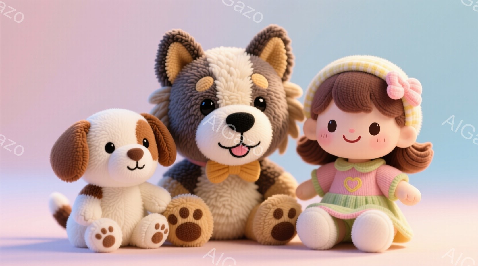 ふわふわのぬいぐるみたちが並んで座っています。左は茶色と白の小さな犬、中央は茶色と黒の大きな犬、そして右はピンク色の服を着た茶色の髪の女の子です。背景は淡いピンクと青のグラデーションで、全体的に暖かく - AI生成フリー素材